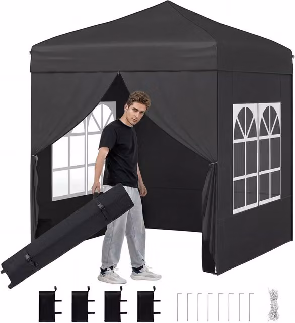 Gazebo pieghevole da giardino in metallo con pareti removibili e altezza regolabile, colore nero opaco, L/P/H: 256 x 194 x 194 cm – 1