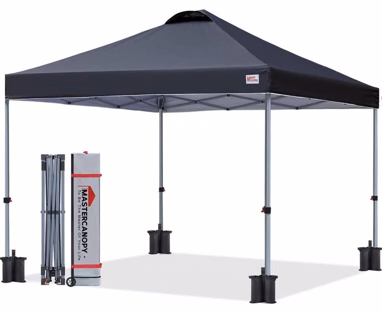 Pavillon pop-up, dimensioni 2,5x2,5 metri, montaggio rapido, regolabile in altezza (3 posizioni), protezione UPF50+, idrorepellente, colore nero, include borsa da trasporto e sacchetti di sabbia