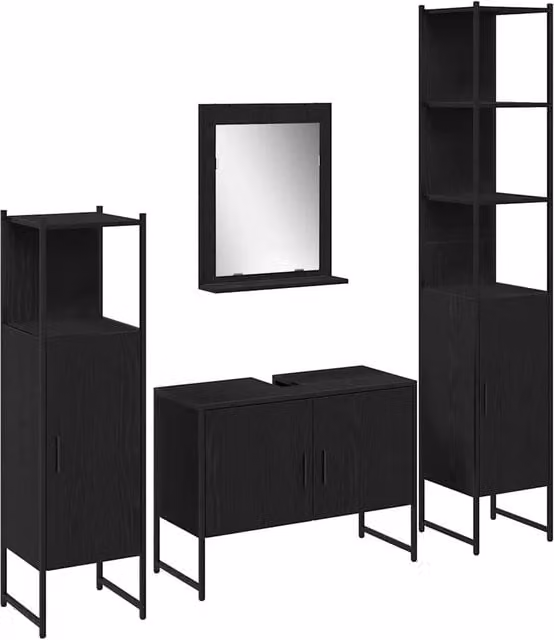 Set di mobili per il bagno moderno DESIGN IN composto da 4 pezzi in legno nero lucido: base lavabo, armadio specchio, colonna alta e mobile laterale sospeso