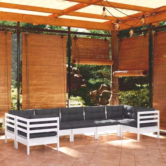 Set Divani da Giardino 7 pz con Cuscini Bianchi Legno di Pino 3097308