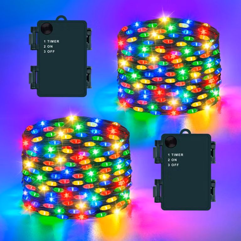 Set di 2 catene luminose a LED, lunghezza 5 metri, 50 LED, multicolore, con timer, grado di protezione IP65