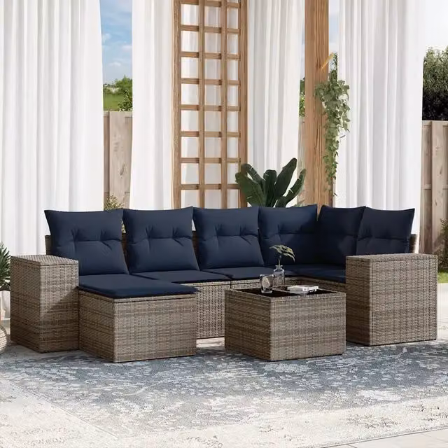 Set da giardino moderno vidaXL composto da 7 pezzi con divani a L, tavolino da caffè e pouf in polyrattan grigio e blu con cuscini inclusi – 1