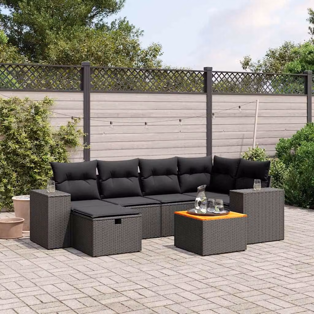 vidaXL Set Divani da Giardino a L con Cuscini 7pz Nero in Polyrattan e Acciaio – 1