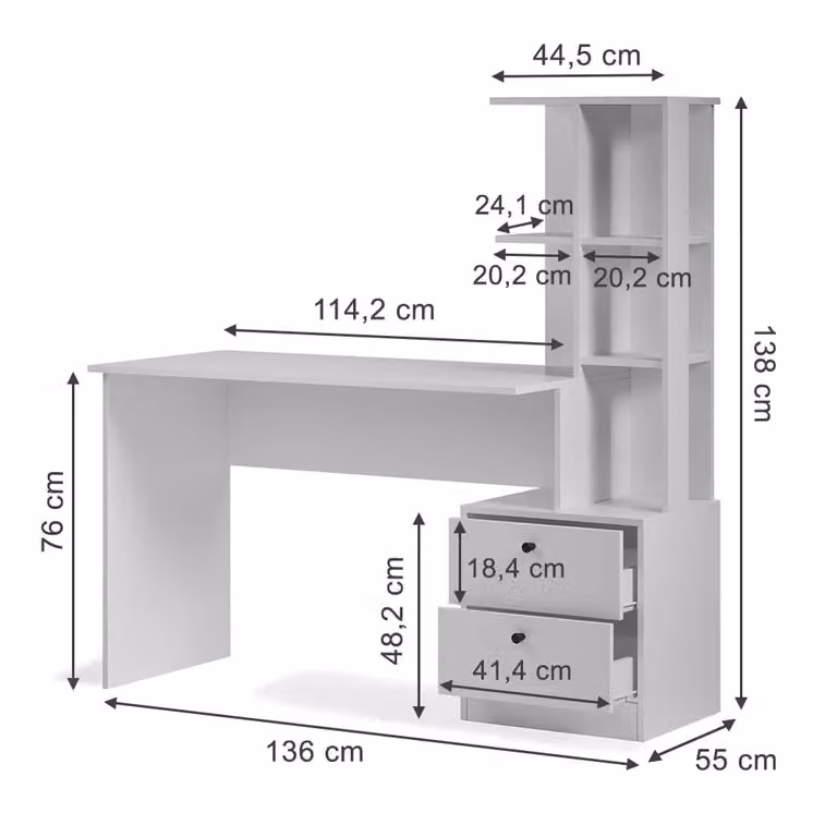 Tavolo da pranzo rettangolare Vicco bianco con 2 cassetti L: 136 cm, P: 55 cm