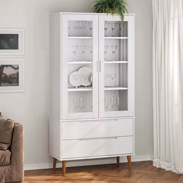 Vetrina bianca vidaXL in legno di pino con ante in vetro e ripiani interni L: 90 cm, P: 35 cm, H: 175 cm – 1