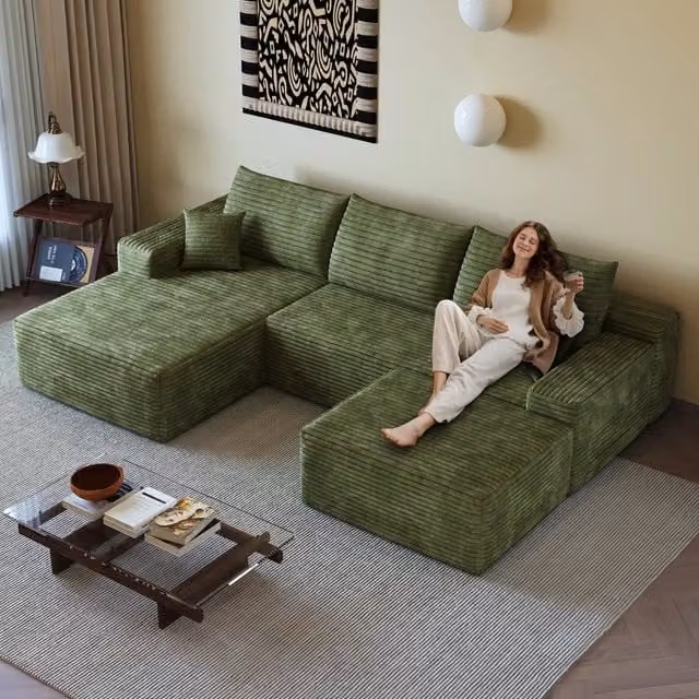 Divano angolare modulare verde 4 posti in velluto a coste con chaise longue a forma di L 270x175x83 cm
