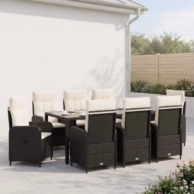 Set da pranzo per esterni vidaXL in polyrattan con piano in vetro, 9 pezzi, Nero e Bianco – 1