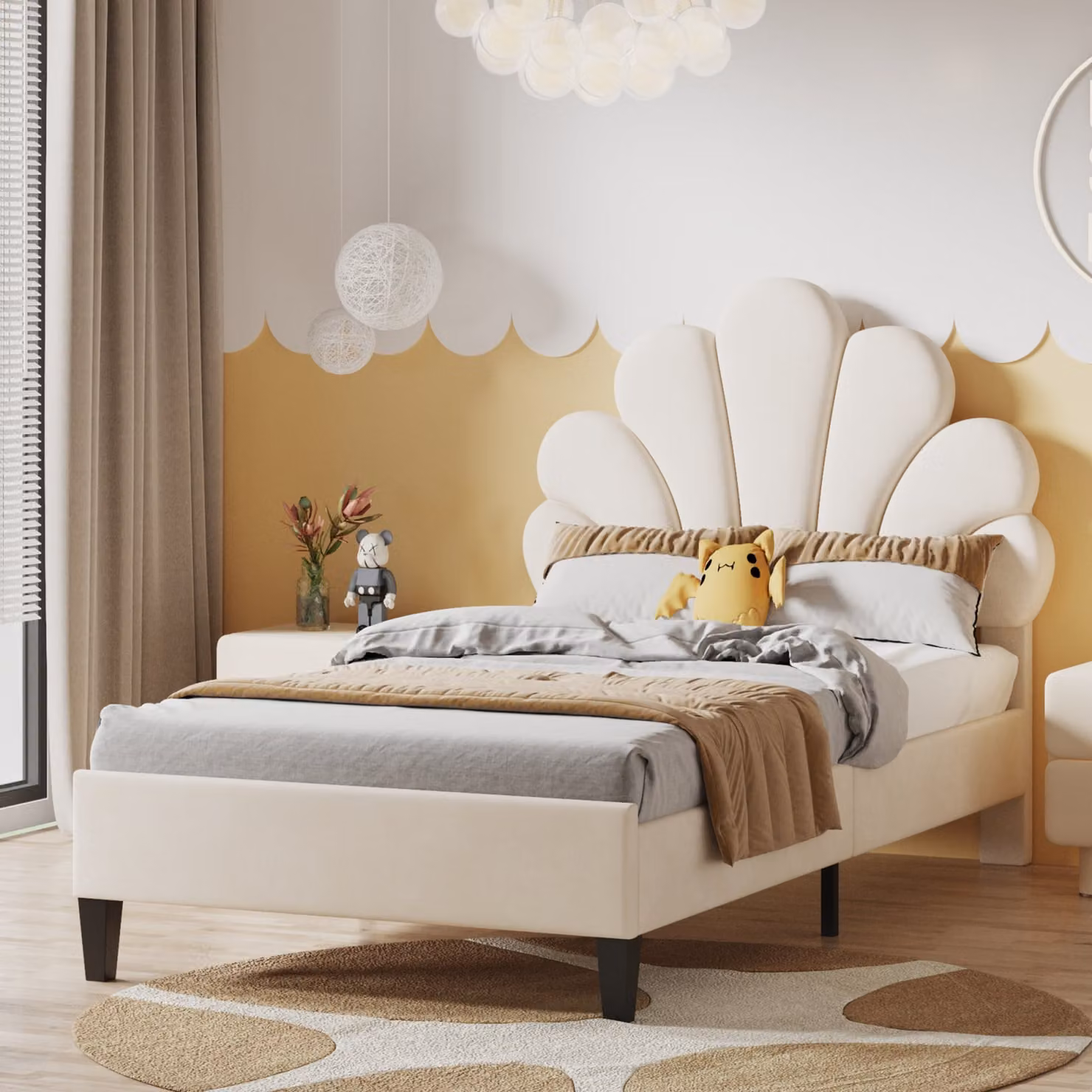 Letto singolo imbottito 90 x 200 cm - testata a forma di fiore - rete a doghe - velluto - Beige