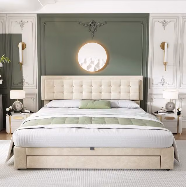 Letto 160x200 cm con contenitore e cassetti in velluto beige con testiera regolabile