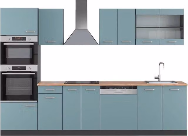 Cucina componibile moderna Vicco R-Line in finitura opaca Grigio-blu/Antracite e Rovere, L: 300 cm