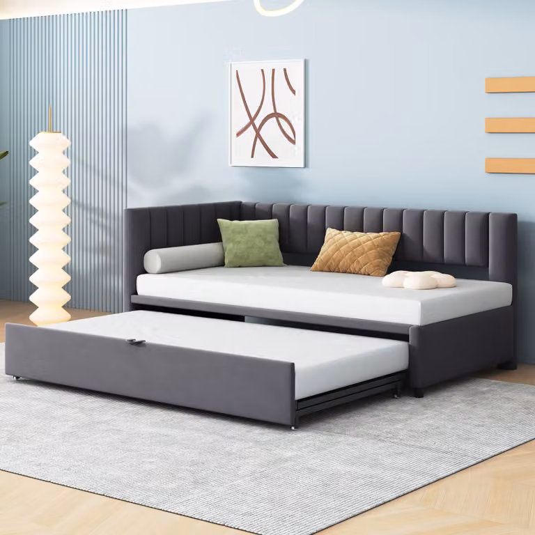 okwish divano letto imbottito multifunzionale a L con letto estraibile 90/180*200 cm, letto da giorno letto per bambini letto per ragazzi in tessuto vellutato (senza materasso) - grigio scuro
