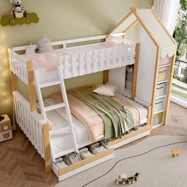 Letto a castello per bambini 3 posti 90 × 200 cm e 140 × 200 cm con 2 cassetti e mensole, senza materasso