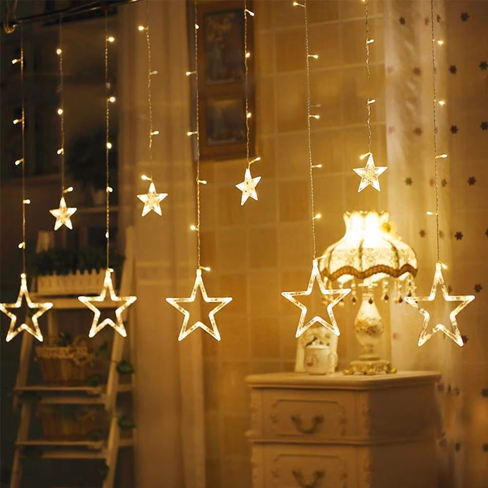 Illuminazione a tenda a LED, 12 stelle, 138 luci, 8 modalità, luce bianca calda