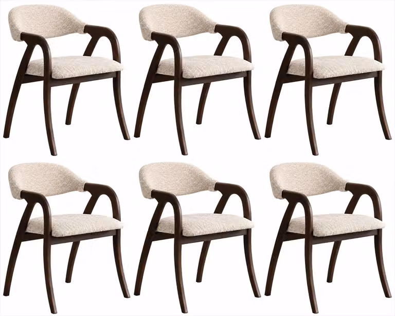 6 sedie da pranzo beige e marroni, imbottite, con braccioli, in legno, stile moderno, set