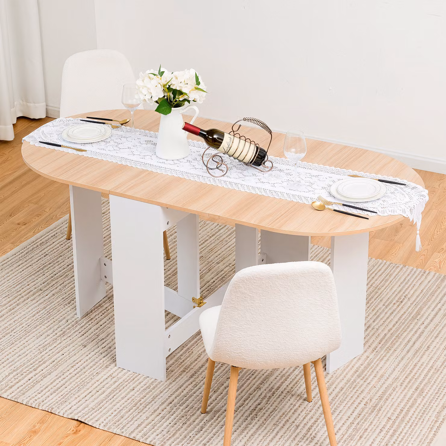 Costway Tavolo da pranzo e lavoro pieghevole multiuso con piano estensibile, design moderno, Bianco, L: 163 cm, P: 80 cm, H: 75 cm