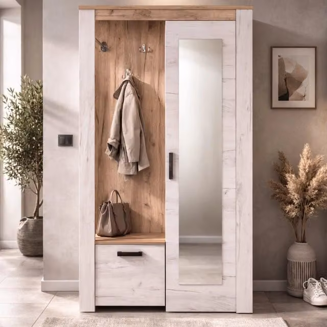 DMORA Mobile da Ingresso Valva con Specchio, Bianco Larice, L: 114 cm, P: 36.5 cm, H: 195 cm – 1