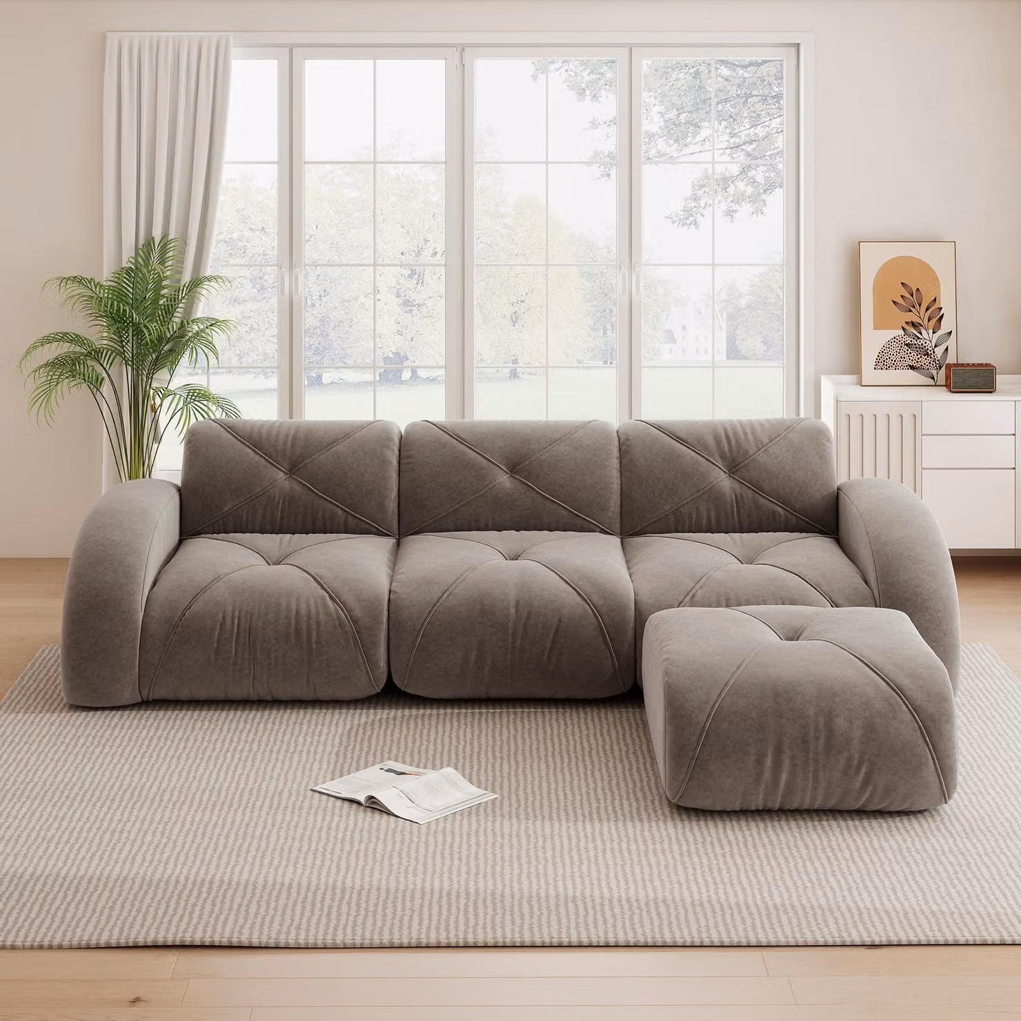 Poltrona a forma di L, divano modulare, divano a tre posti, senza necessità di montaggio, antiscivolo, con poggiapiedi (color tortora)