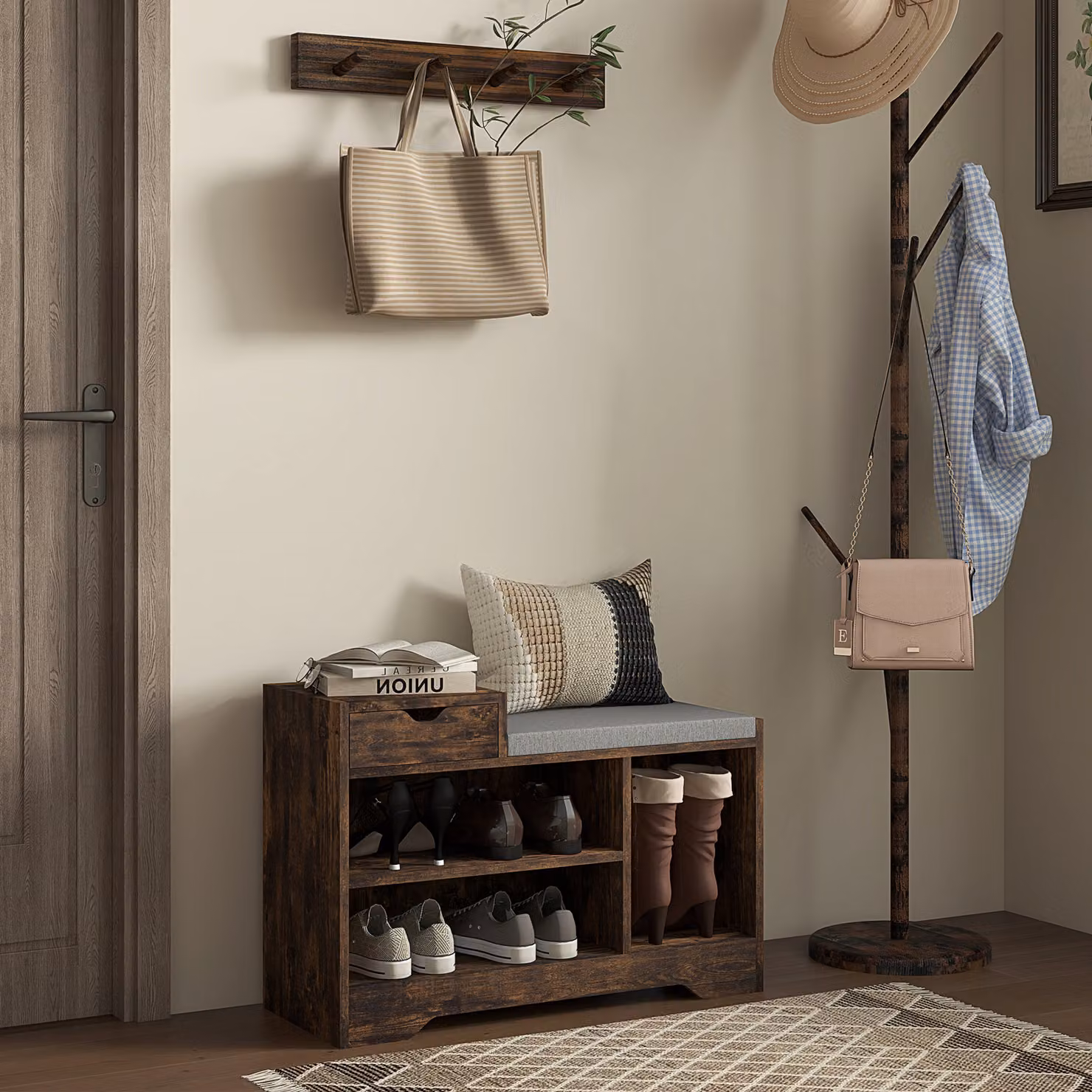 Panca porta scarpe HOMCOM marrone con 1 cassetto e 3 scomparti, L: 76,5 cm, P: 30 cm, H: 52 cm – 2