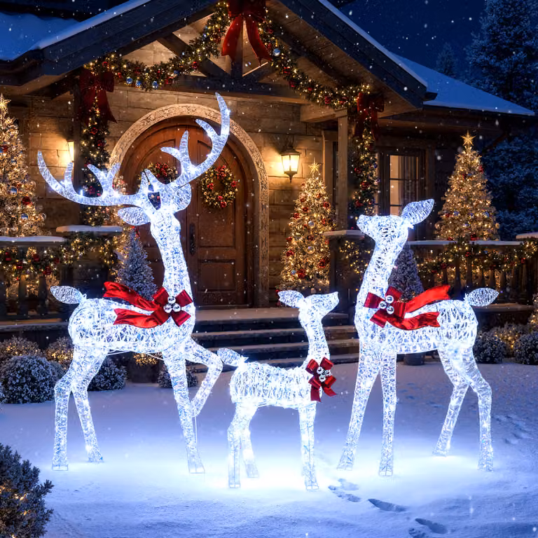 Costway Famiglia di renne pre-illuminate con 215 luci LED bianche fredde, Set di 3 renne natalizie illuminate da interno e esterno Bianco