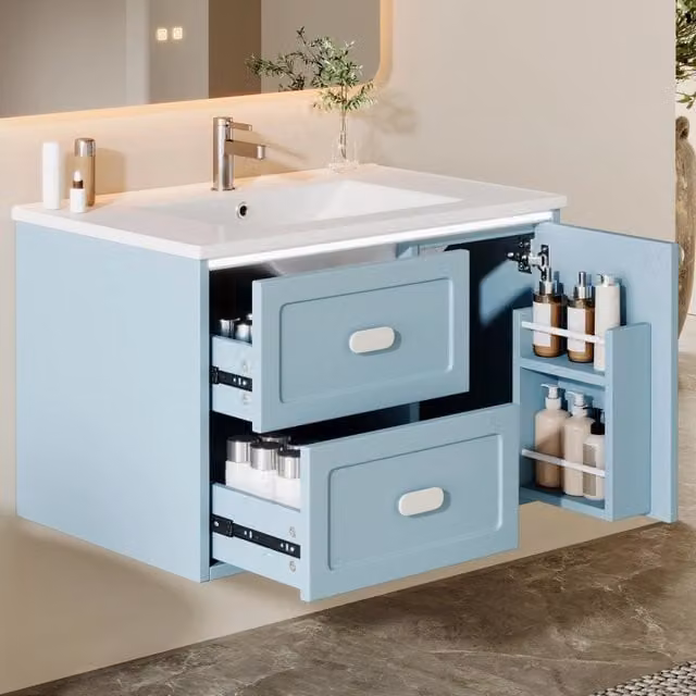 Mobile pensile bagno 76x46x51cm con lavabo integrato, 2 cassetti con guide silenziose, illuminazione LED a sensore radar, verniciato completo, blu
