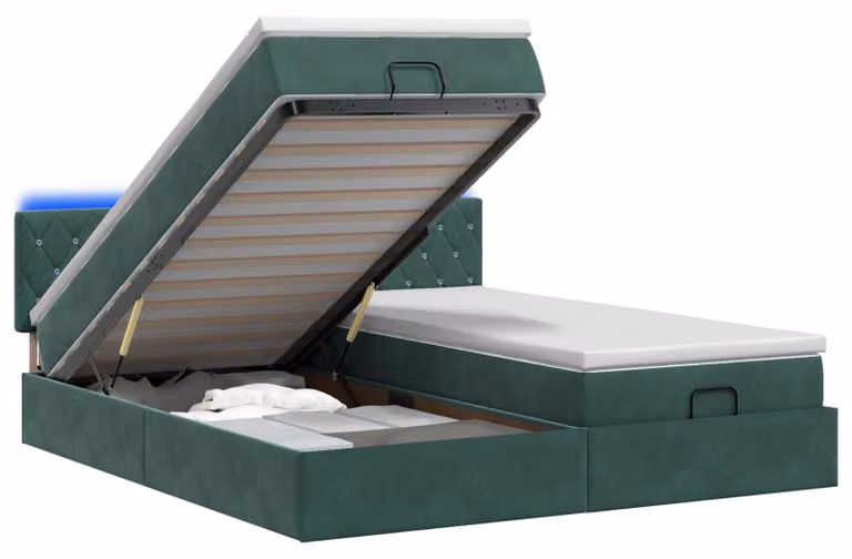 Panca-letto con materasso e illuminazione LED, verde scuro, 180 x 200 cm, rivestita in velluto