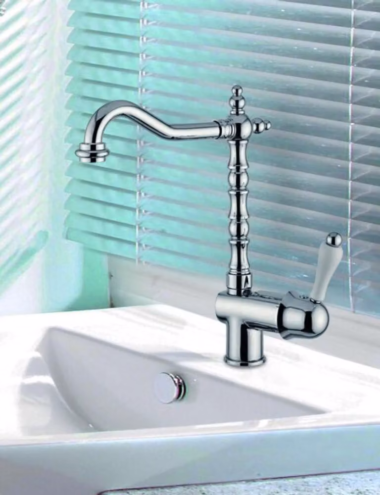 Casa Padrino, serie Milano: miscelatore per lavabo in stile Art Déco, finitura cromata, monocomando, attacco da 1 1/4 di pollice