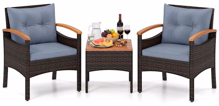 Set di mobili da balcone COSTWAY a 3 pezzi, set di mobili da giardino in polyrattan comprensivo di tavolino con piano in legno di acacia e 2 poltrone, set di sedute da terrazza con cuscini