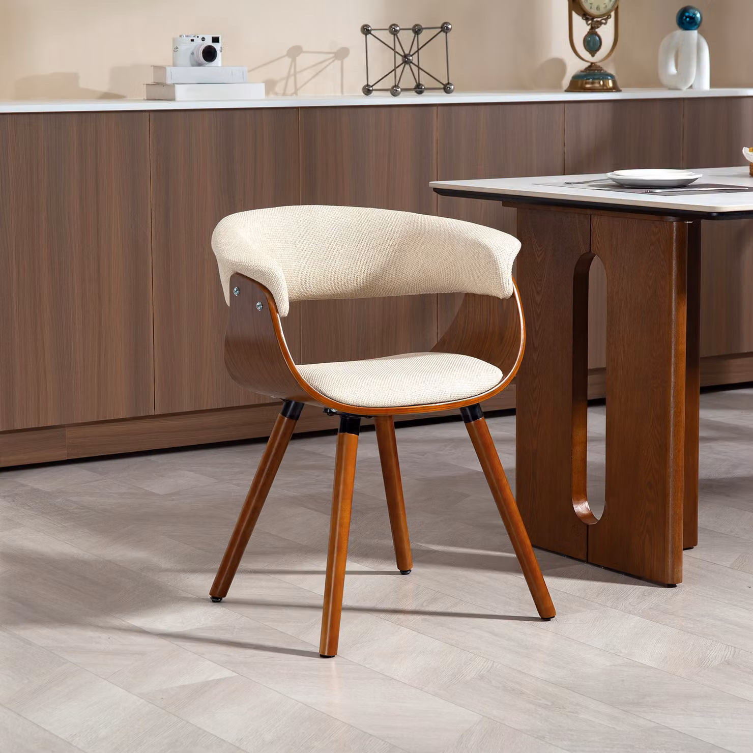 Sedia da pranzo HOMCOM in tessuto effetto lino beige con schienale curvo e gambe in legno di faggio – 2