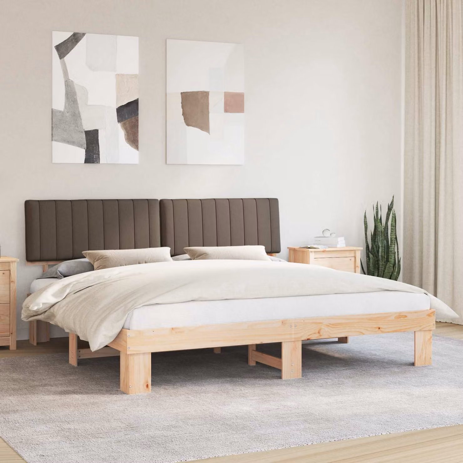 Letto con Testiera Rivestita in Tessuto e Pino Massello vidaXL, Colore Beige/Grigio, 200 x 200 cm – 1