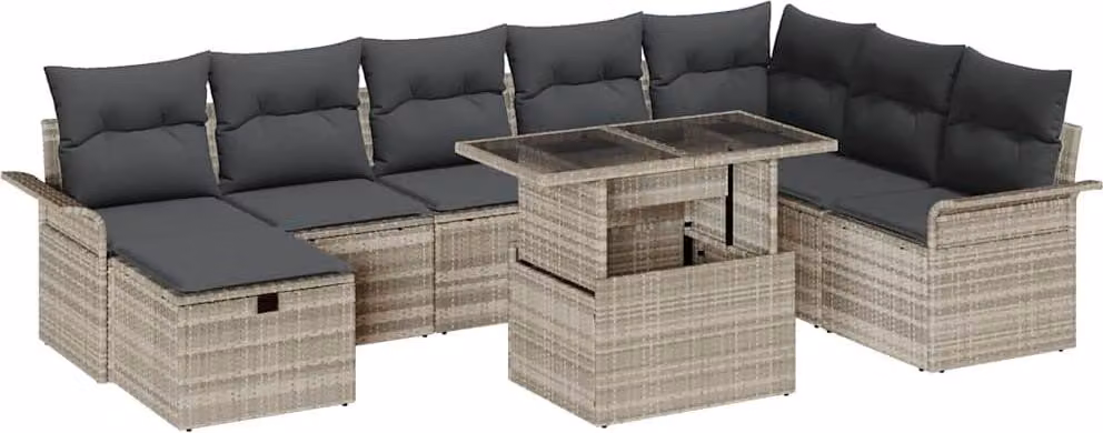 Set Divano da Giardino 9 pcs Grigio chiaro Poly Rattan