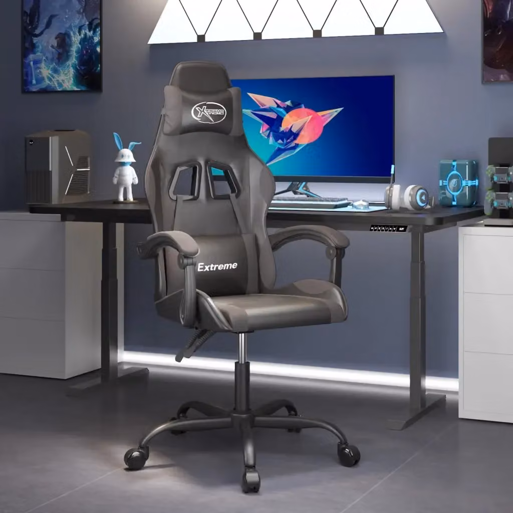Sedia da Gaming Girevole in Similpelle Nera e Grigia con Poggiatesta e Braccioli – 2