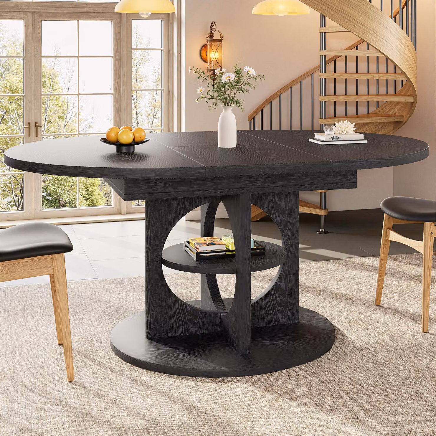 Tavolo da pranzo Flieks con ripiano integrato nella gamba cava, struttura robusta con portata fino a 60 kg, tavolo da cucina, tavolo da bar 110-150 x 110 x 76 cm, nero