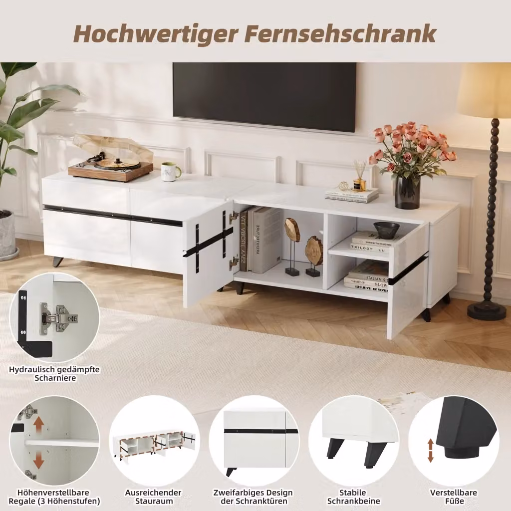 Mobile TV REDOM moderno in MDF bianco lucido con 4 ante e ripiani regolabili L/P/H: 180 x 40 x 49 cm – 2