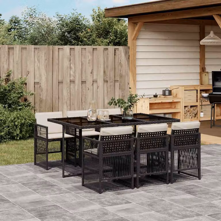 Set da Pranzo da Giardino vidaXL 7 pz in Polyrattan Nero con Piano in Vetro e Cuscini