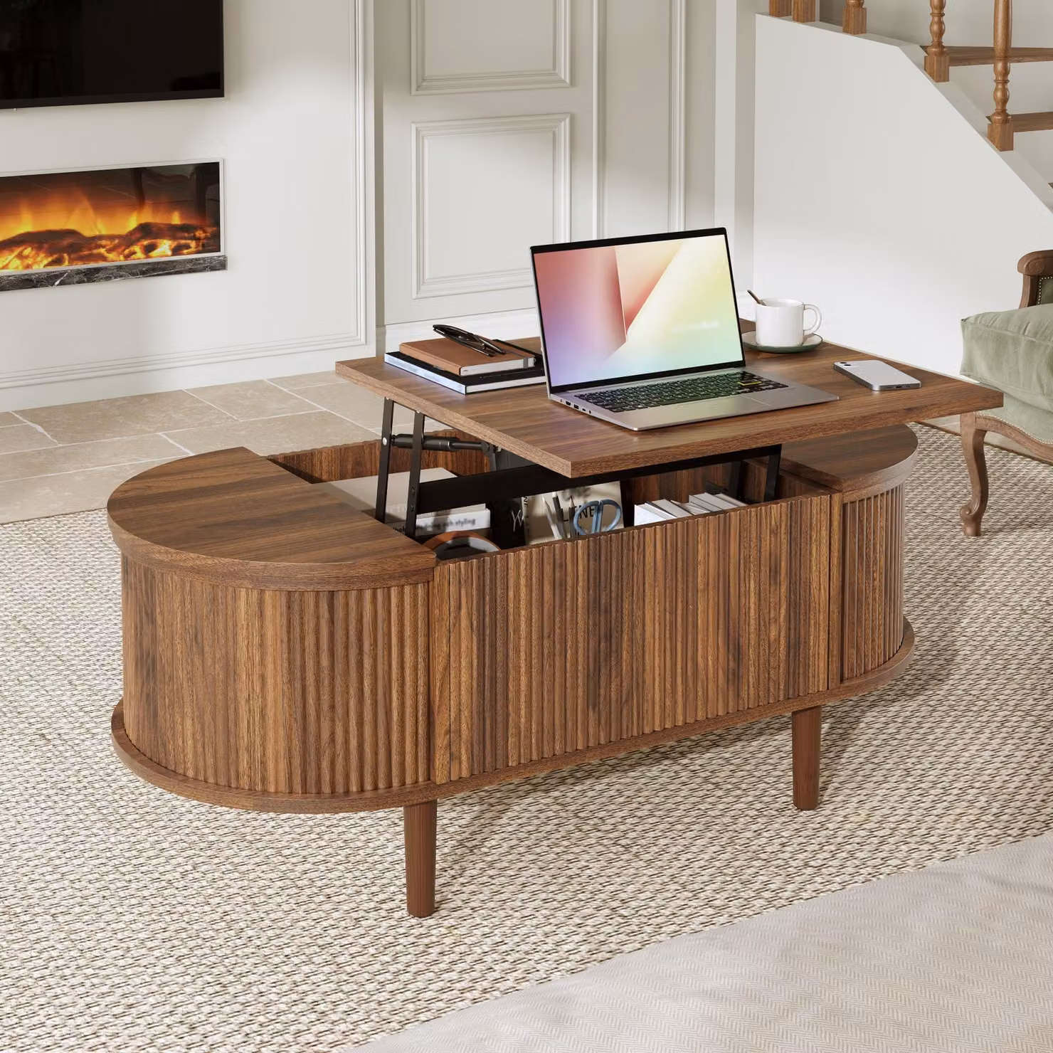 Tavolino ovale Merax in MDF con gambe in legno massello, tavolino da salotto regolabile in altezza, tavolino da divano con vano portaoggetti e piano ribaltabile, finitura noce vintage