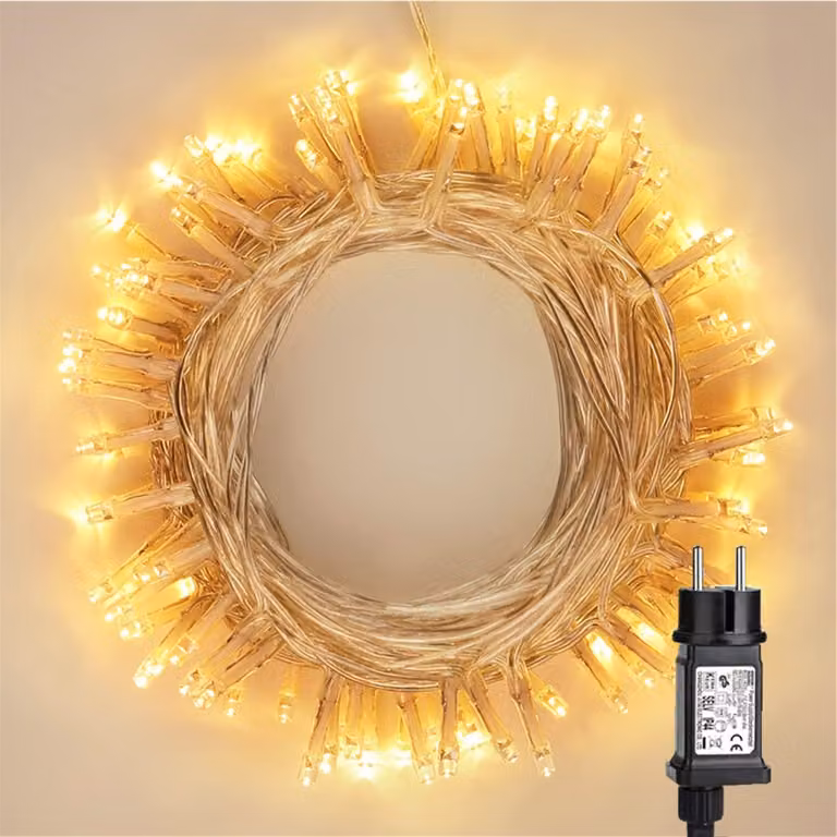 Catena luminosa, 100 LED, 10 metri, luce bianco caldo, per uso esterno, alimentazione a corrente
