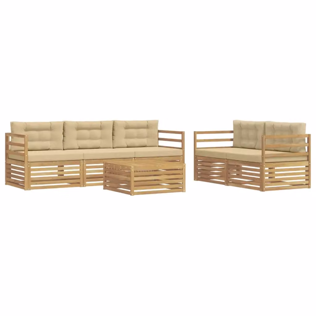 Set di mobili da giardino vidaXL composto da divano a L, poltrone e tavolino da caffè in legno di acacia con cuscini bianchi e beige – 2