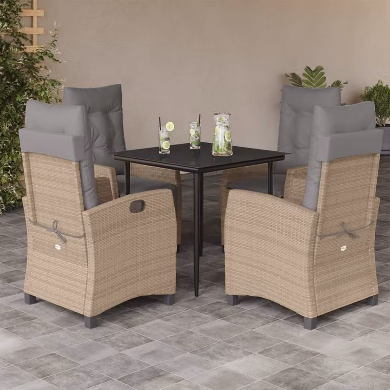 Set Pranzo da Giardino vidaXL in Polyrattan con Cuscini e Tavolo in Vetro, 5 Pezzi, Colore Misto Beige, Nero e Grigio