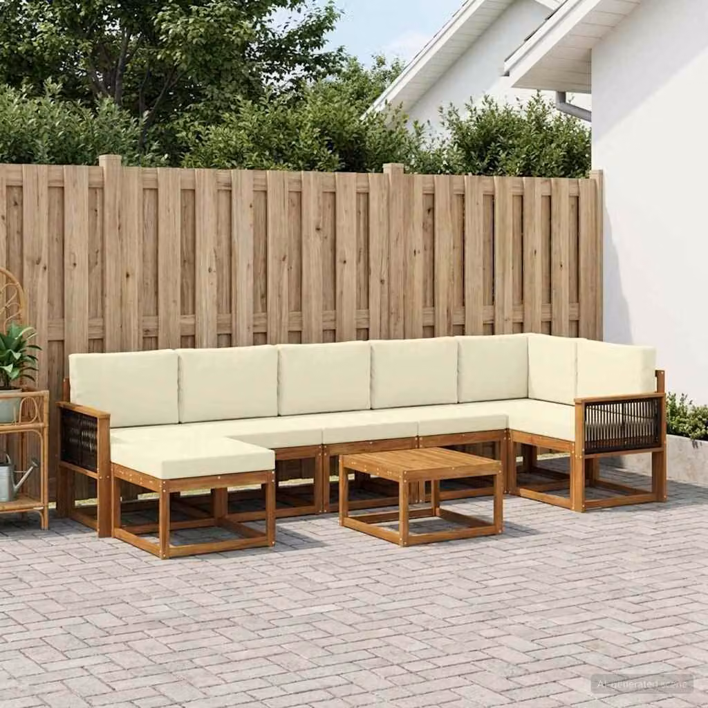 Set di divani da esterno vidaXL 8 pezzi in legno di acacia con cuscini, colore beige, bianco e marrone, composizione a L con tavolino e pouf