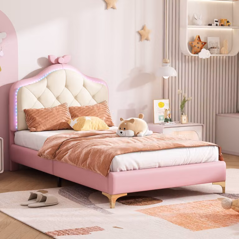 Letto imbottito Fortuna Lai 90x200cm con testata a onda e LED, fiocco rosa, letto per ragazzi letto per bambini con rete a doghe, letto singolo letto in legno, PU, rosa