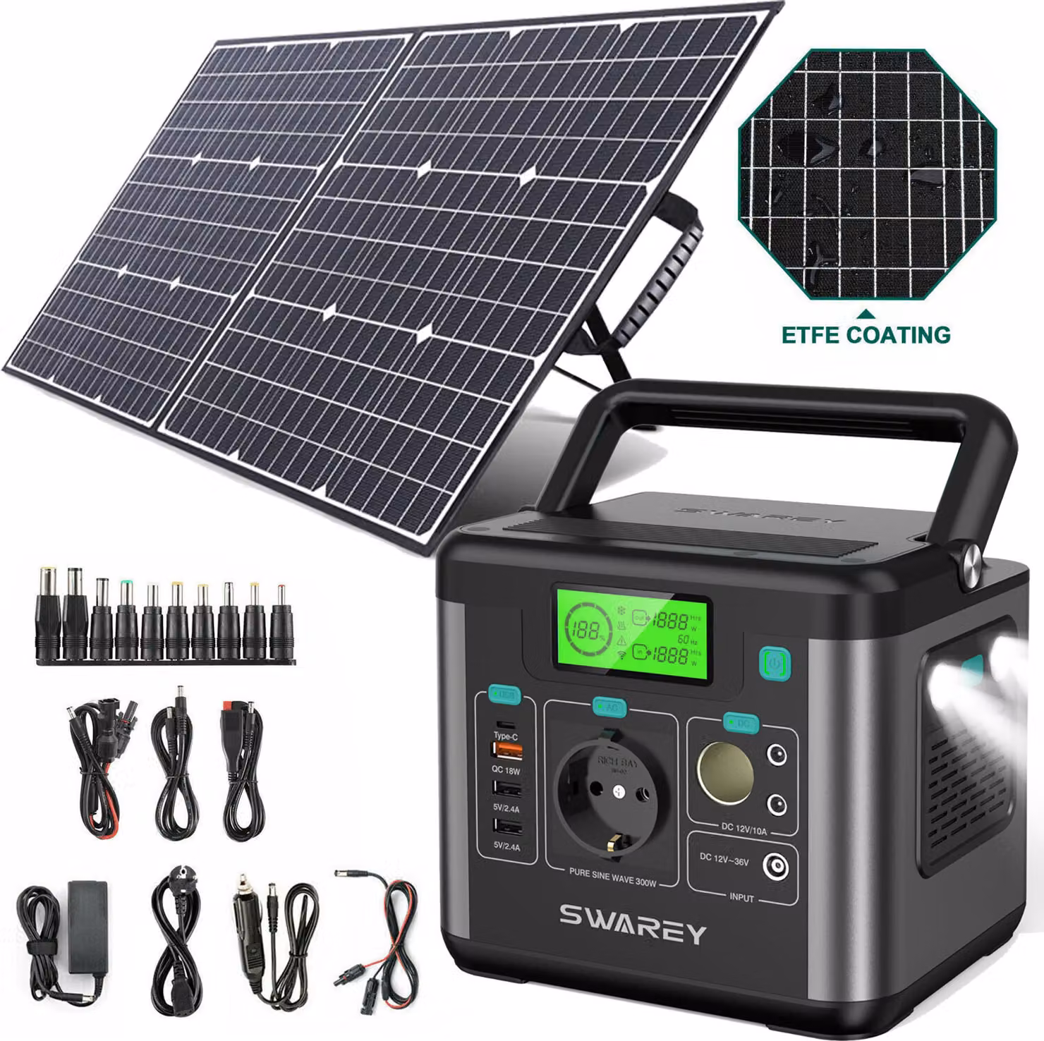 SWAREY 300W (Surge 600W) Stazione di alimentazione portatile di stoccaggio solare con pannello solare 100W, 222Wh/60000mAh Generatore solare Powerstation Caricabatterie generatore solare