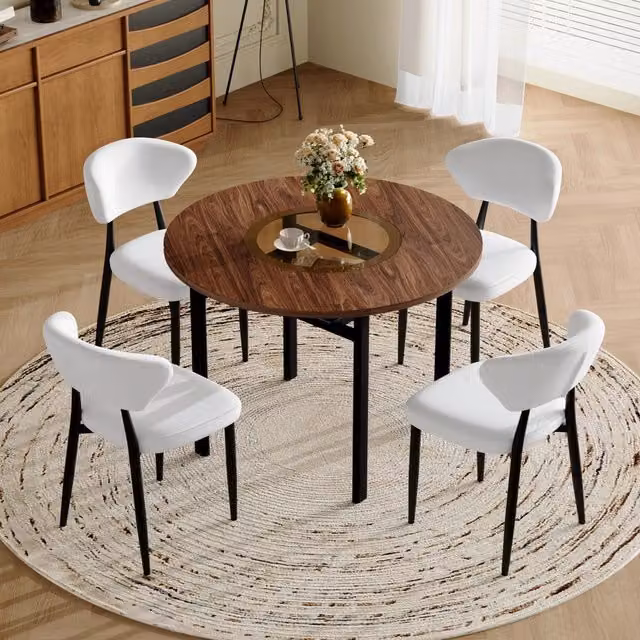 Set da pranzo MIVRAY moderno con tavolo rotondo in vetro e MDF e 6 sedie con rivestimento bianco e gambe in metallo