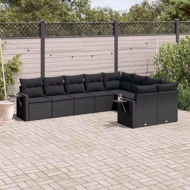 vidaXL Set Divani da Giardino a L 9 pz con Cuscini Neri in Polyrattan e Acciaio