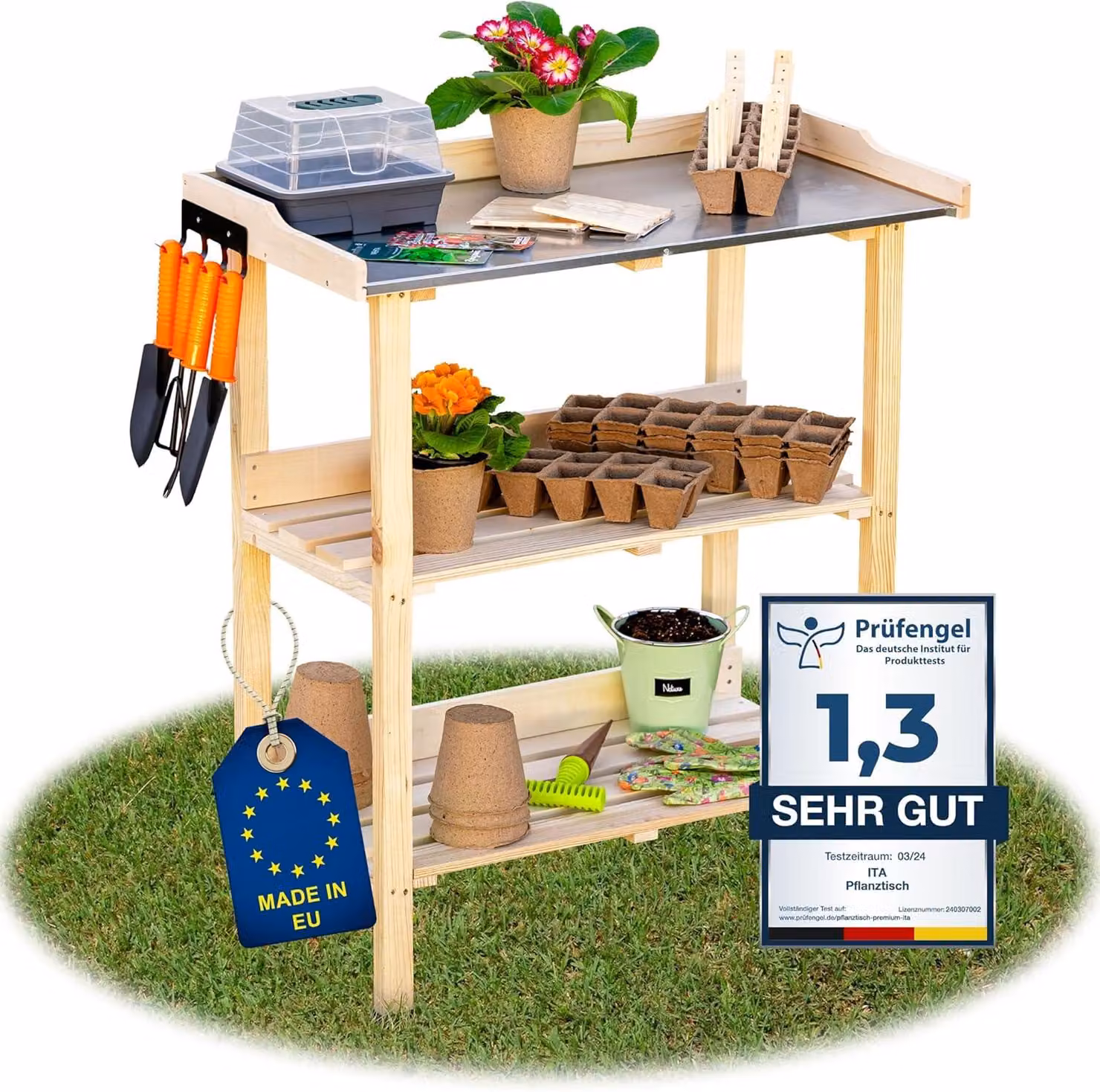 Tavolo da lavoro in legno con piano zincato, dimensioni 76x38x89 cm, ideale per giardino e balcone