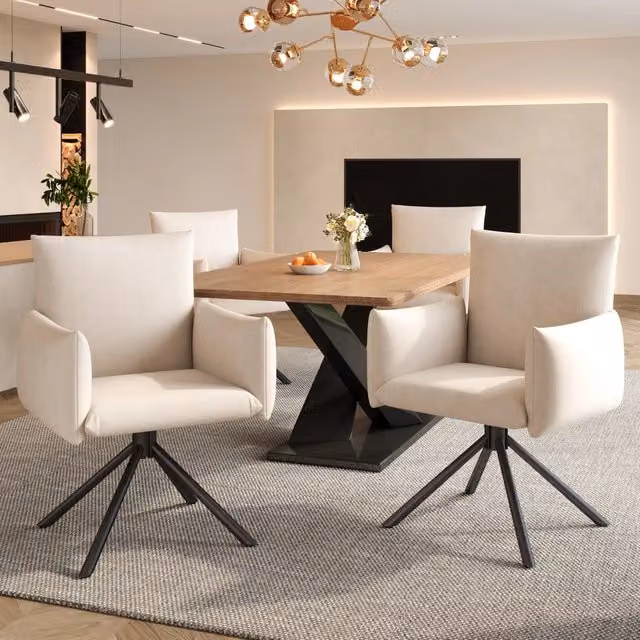 Set di 4 sedie girevoli REDOM in velluto beige con braccioli e ruote per cucina e sala da pranzo