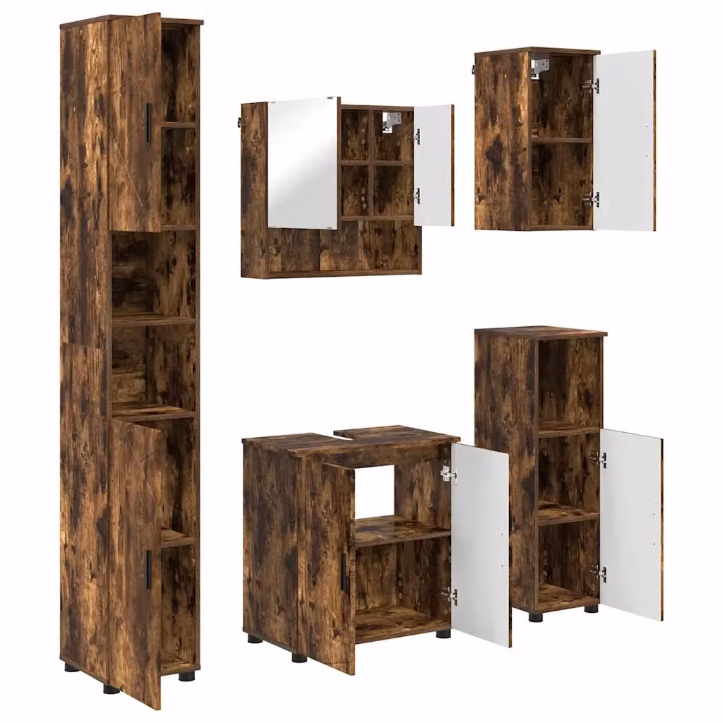 Set di mobili per il bagno moderno vidaXL in legno e metallo marrone, composto da mobile lavabo, armadietto con specchio e colonna, montaggio a parete, L/P/H: 61 x 35 x 64 cm – 2