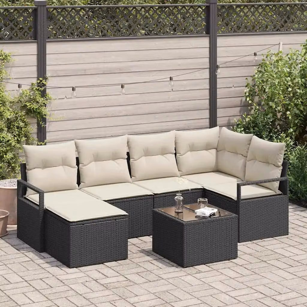 Set di divani da giardino vidaXL in rattan nero con cuscini beige e struttura in acciaio – 1