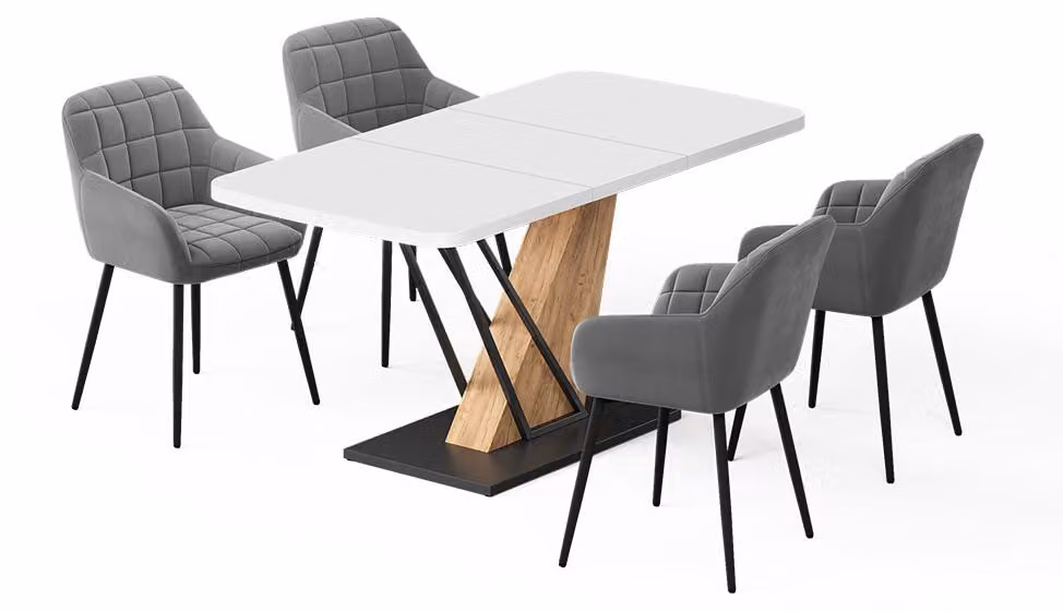 Set di tavoli da pranzo Vicco Fenaro Bianco/Rovere dorato 120 x 80 cm con 4 sedie da pranzo, Model 62769