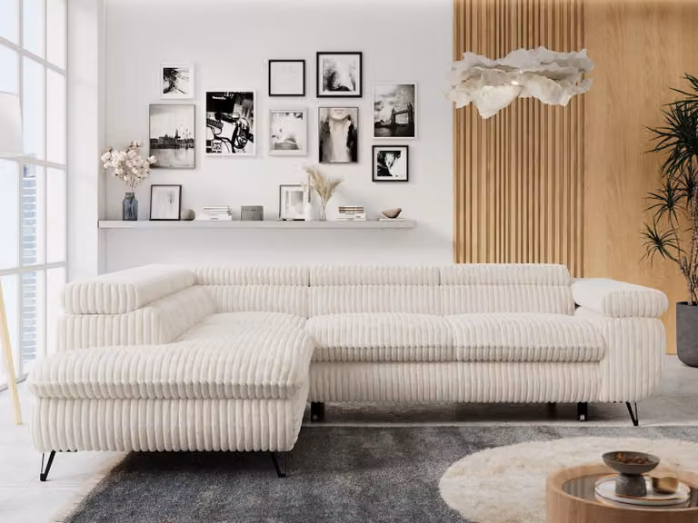 Divano angolare Beige, zona giorno a L con funzione letto e box letto, divano letto con box letto, divano con poggiatesta regolabili, Peter L - Beige Cavo - Sinistra Beige