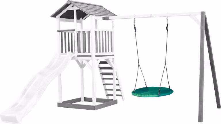 AXI Beach Tower parco giochi in legno in grigio e bianco | Torre di gioco per bambini con sabbiera, altalena a nido e scivolo bianco | Casa per bambini su palafitte per il giardino